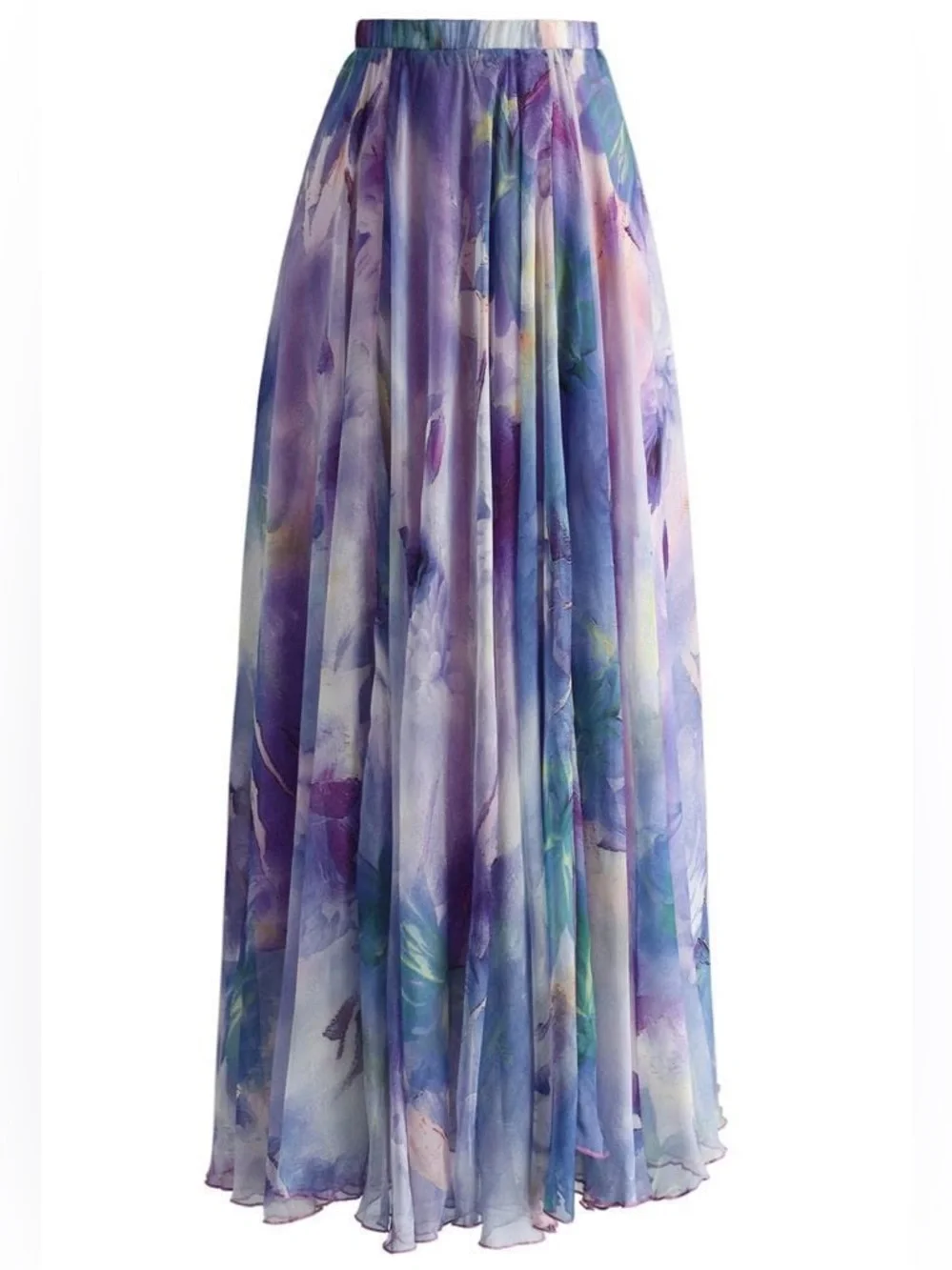ChicWish Dancing Watercolor Chiffon Flowy Boho Floral Maxi Skirt In Violet XS/S